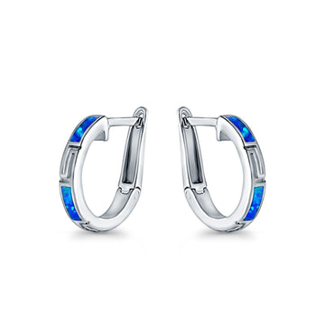 Hoop Earrings Lab Created Blue Opal 925 Sterling Silver (18mm)